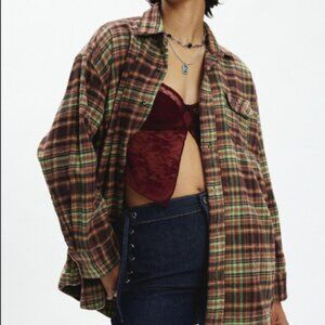UO BDG Dani Oversized Flannel Shirt Brown Multi Top Buttodown XL